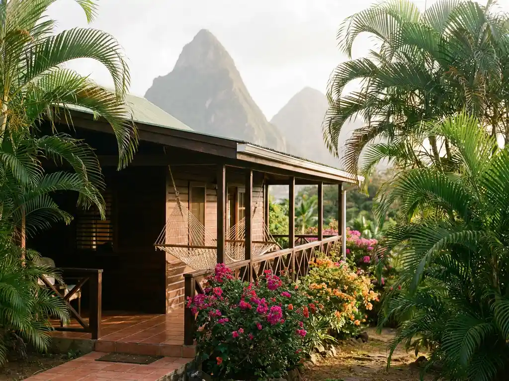 Houten guesthouse met veranda en hangmat tussen tropisch groen in Saint Lucia, bougainvillea langs de reling, Pitons zichtbaar op de achtergrond.