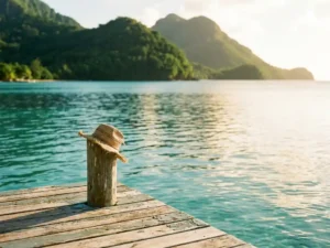 Verouderde houten steiger met gevlochten strohoed reikt uit in turquoise Caribisch water, met weelderige vulkanische heuvels op de achtergrond.