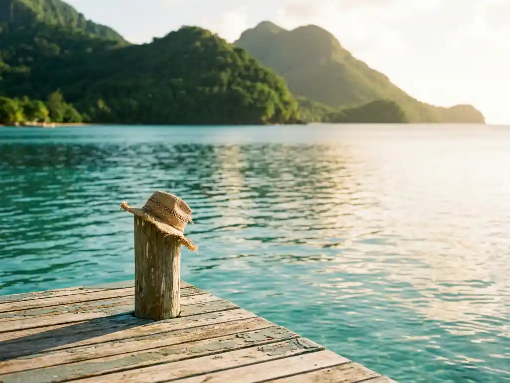 Verouderde houten steiger met gevlochten strohoed reikt uit in turquoise Caribisch water, met weelderige vulkanische heuvels op de achtergrond.