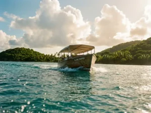 Houten veerboot vaart door turquoise Caribisch water tussen twee tropische eilanden, met schuimend kielzog en hoge cumuluswolken.