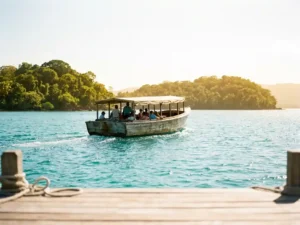 Houten veerboot vaart over turquoise Caribisch water tussen twee tropische eilanden met weelderig junglekustlijn.