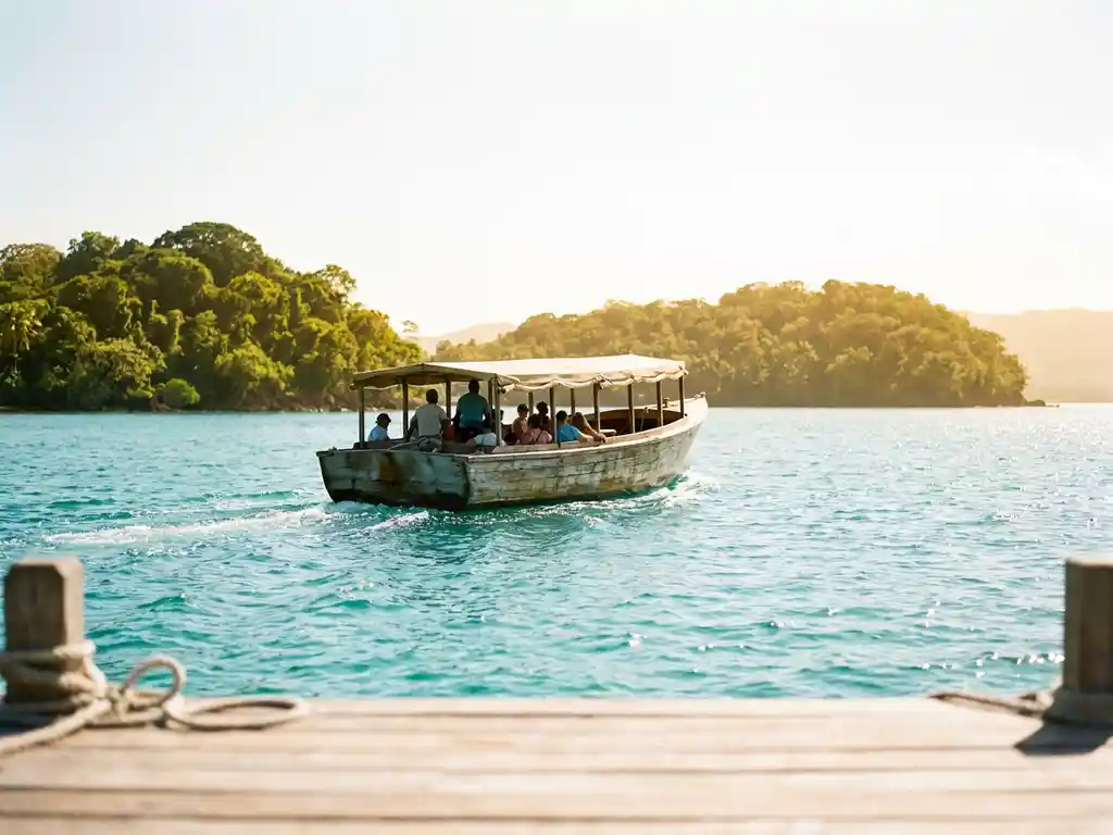 Houten veerboot vaart over turquoise Caribisch water tussen twee tropische eilanden met weelderig junglekustlijn.
