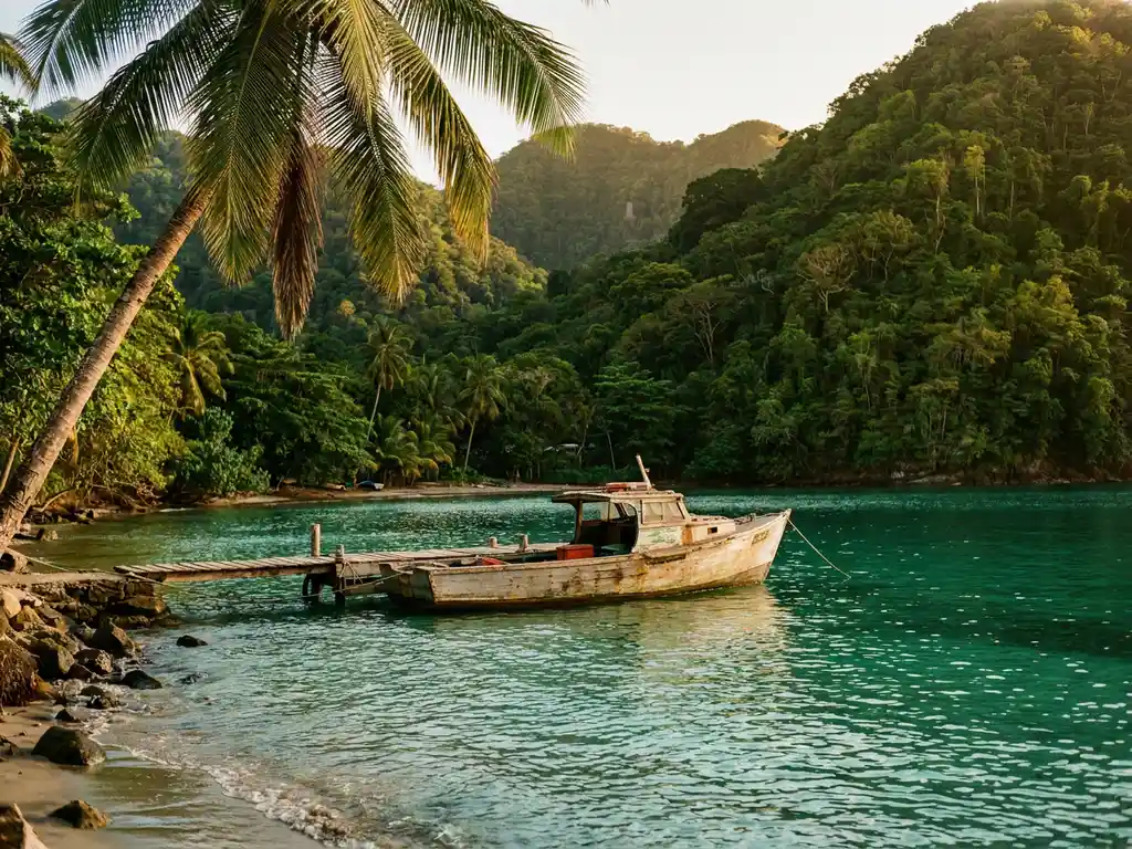 Houten vissersboot aangemeerd in een rustige smaragdgroene baai in Saint Lucia, met weelderige vulkanische heuvels en een leunende palmboom op de achtergrond.