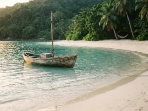 Houten vissersboot in een turkooizen Caribische lagune, met een hangmat tussen palmbomen en weelderige jungleheuvels op de achtergrond.