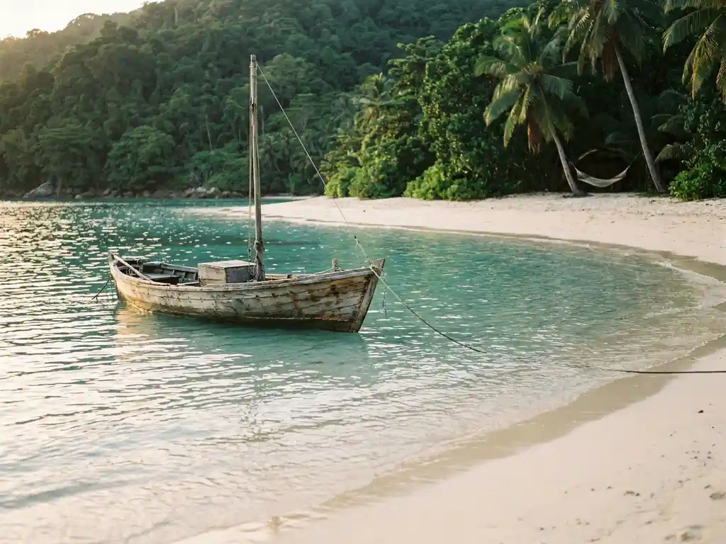 Houten vissersboot in een turkooizen Caribische lagune, met een hangmat tussen palmbomen en weelderige jungleheuvels op de achtergrond.