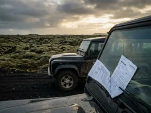 4WD huurauto op IJslands zwart lavazand, met mosrijke lavavelden, dramatische lucht en verzekeringsdocument onder de ruitenwisser.
