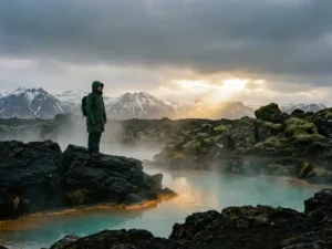 Reiziger in regenjas bij turquoise geothermische warmwaterbron in IJslands landschap met vulkanisch gesteente en besneeuwde bergen.