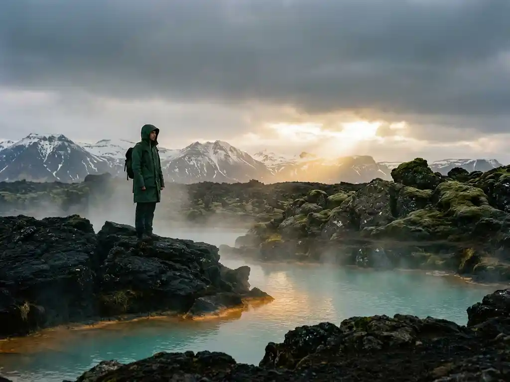 Reiziger in regenjas bij turquoise geothermische warmwaterbron in IJslands landschap met vulkanisch gesteente en besneeuwde bergen.