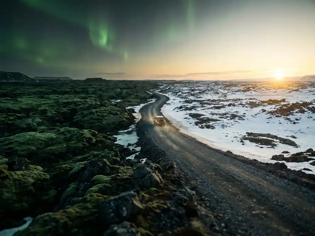 Smal grindweggetje door IJslands lavaveld met mos en sneeuw, noorderlicht in groene tinten boven gouden middernachtzon aan de horizon.