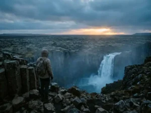 Reiziger aan de rand van een IJslands lavaveld met een waterval in de mistige achtergrond en gouden licht aan de horizon.