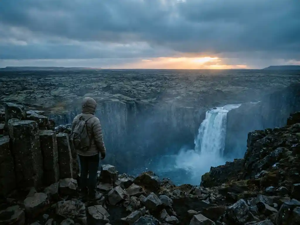 Reiziger aan de rand van een IJslands lavaveld met een waterval in de mistige achtergrond en gouden licht aan de horizon.