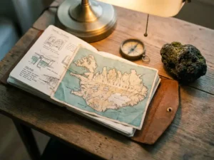 Verweerd leren reisdagboek en handgetekende IJslandkaart op houten bureau, met kompas en vulkanisch mos in warm goudlicht.