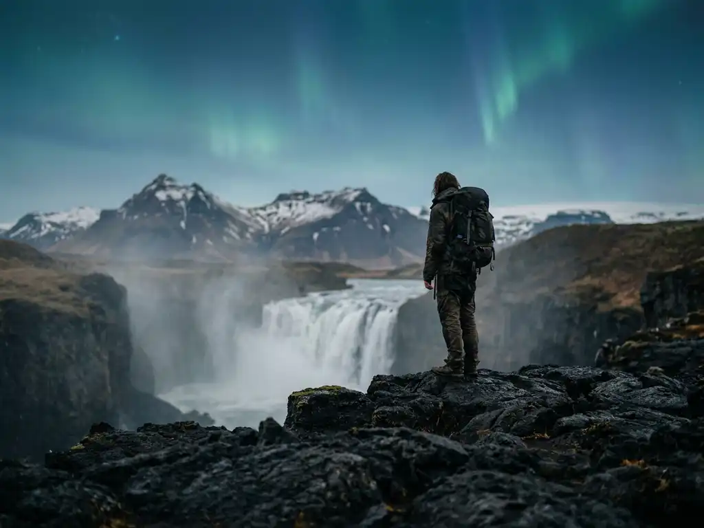 Reiziger aan de rand van IJslands lavaveld met waterval, besneeuwde bergen en noorderlicht in teal en zwart tinten.