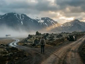 Reiziger op IJslands lavaveld bij kruispunt, met touristenbus in mistige verte en huurauto op verlaten weg naar besneeuwde bergen.