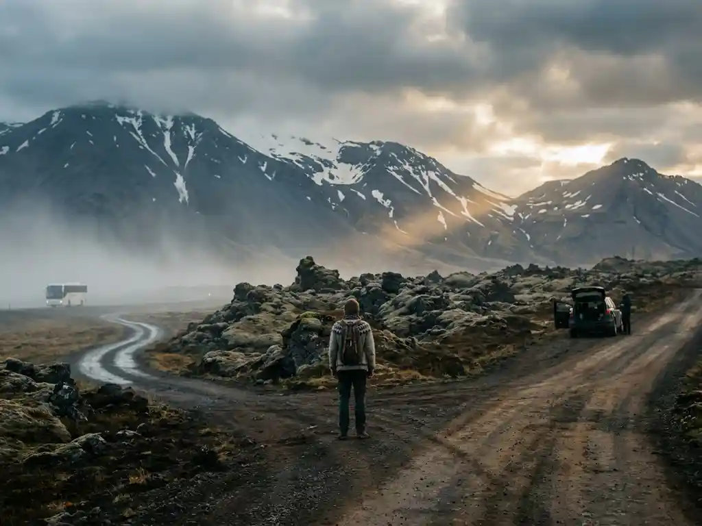Reiziger op IJslands lavaveld bij kruispunt, met touristenbus in mistige verte en huurauto op verlaten weg naar besneeuwde bergen.