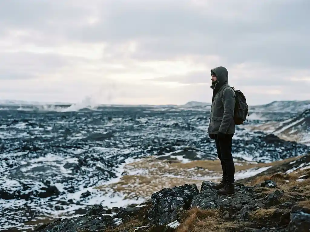 Reiziger aan de rand van IJslands lavaveld in het laagseizoen, met besneeuwd zwart gesteente onder een bewolkte winterlucht.