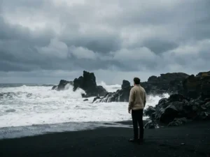 Reiziger in wollen trui op zwart vulkanisch strand in IJsland, met dramatische basaltrotsen en krachtige Atlantische golven onder bewolkte hemel.