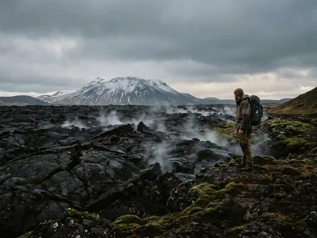 Wandelaar aan de rand van een zwart lavaveld in IJsland, met stoomwolken uit vulkanische spleten en een besneeuwde vulkaan op de achtergrond.