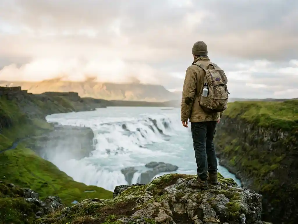 Wandelaar met verweerde rugzak op een met mos bedekte vulkanische bergkam in IJsland, met een mistige waterval in de vallei beneden.