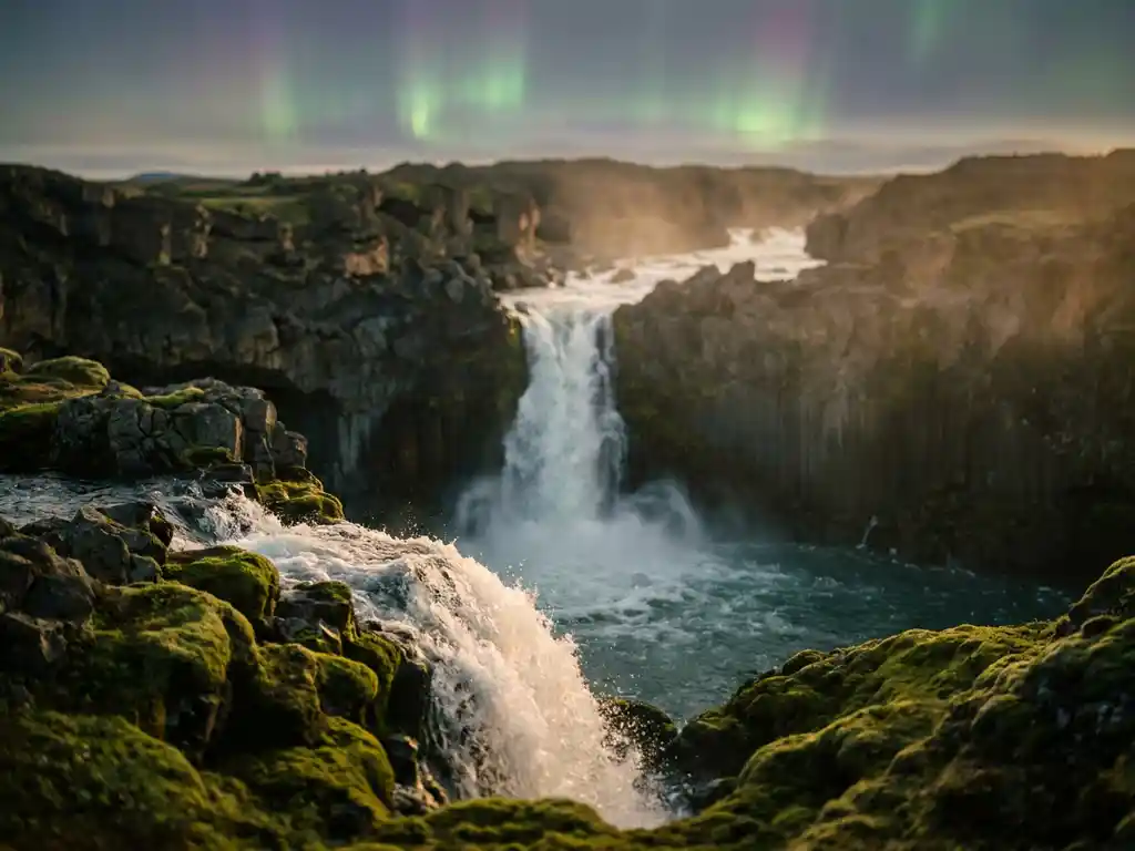 Krachtige IJslandse waterval die neerstort in een mistige kloof van met mos bedekt vulkanisch basalt, met noorderlicht aan de horizon.