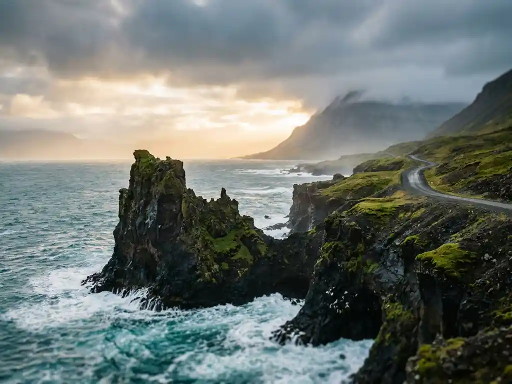 Dramatische zeestapel in turquoise Atlantische wateren langs de kust van de Westfjorden in IJsland, met basaltrotsen begroeid met groen mos.