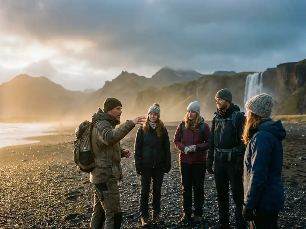 Reisleider met kleine groep op zwart zandstrand in IJsland, met vulkanische bergen en waterval in mistige achtergrond tijdens gouden uur.