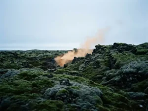 Bemoste lavavlakte in IJslandse hooglanden met opstijgende geothermische stoom boven donker vulkanisch gesteente onder een bewolkte hemel.