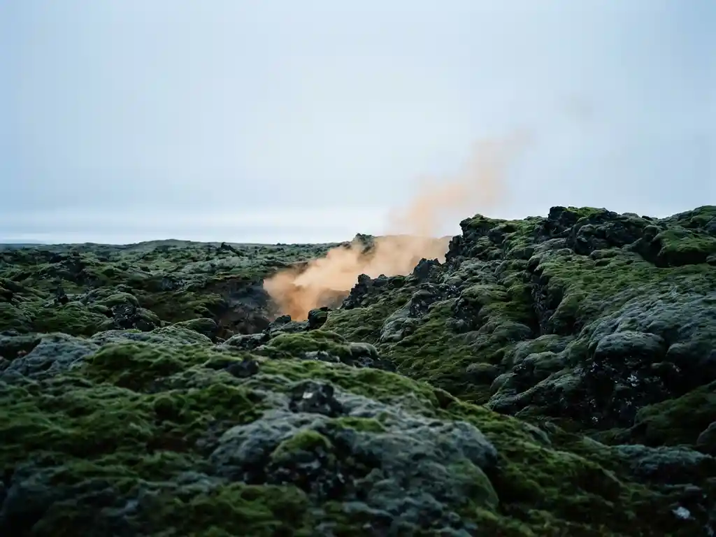 Bemoste lavavlakte in IJslandse hooglanden met opstijgende geothermische stoom boven donker vulkanisch gesteente onder een bewolkte hemel.