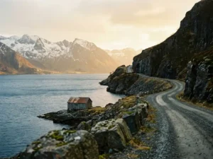 Smalle grindweg langs steile kliffen boven staalblauwe fjord in IJsland, met houten vissershut, besneeuwde toppen en gouden lucht.