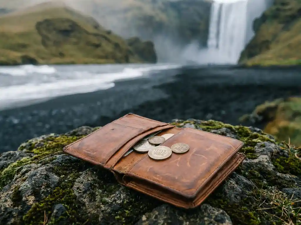 Versleten leren reisportemonnee met Ijslandse kroonmunten op bemost vulkanisch gesteente, met zwart zandstrand en waterval op de achtergrond.