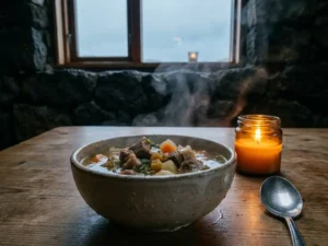 Dampende kom traditionele IJslandse lamssoep op rustieke houten tafel in een knus turfcafé met vulkanische stenen muren.