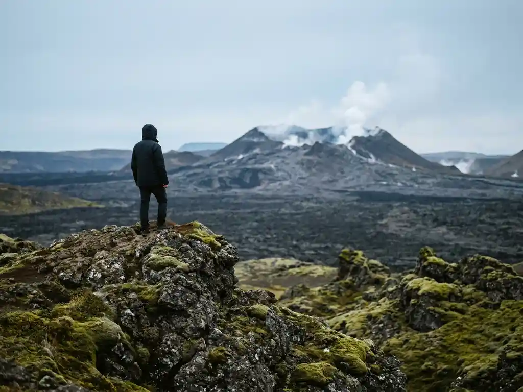 Toerist staat aan de rand van een IJslands vulkaangebied, met zwarte lavavelden en een stomende krater op de achtergrond.