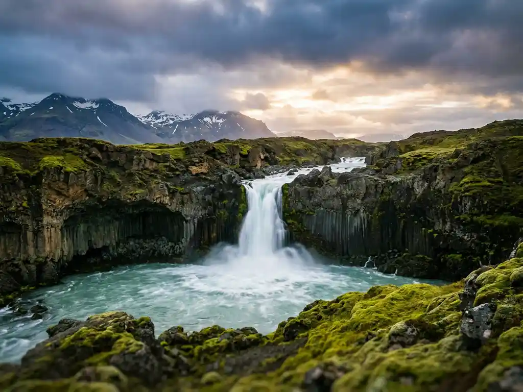 Ijslandse waterval over zwart vulkanisch gesteente in turquoise gletsjerpoel, omgeven door groen mos en besneeuwde bergen onder dramatische lucht.