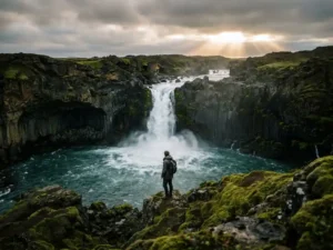 Reiziger bij IJslandse waterval over zwart vulkanisch gesteente, omgeven door smaragdgroen mos en gouden licht door mistige lucht.
