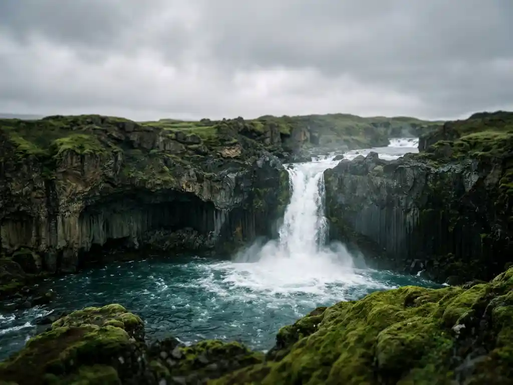 IJslandse waterval die over zwart vulkanisch basalt stroomt in een mistige pool, omgeven door smaragdgroen mos onder een zilveren bewolkte lucht.