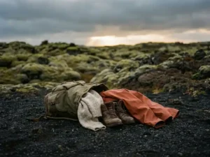 Verweerde olijfgroene rugzak op zwart vulkanisch zand met wandellaarzen, regenjack en wollen trui, IJslands lavaveld op achtergrond.