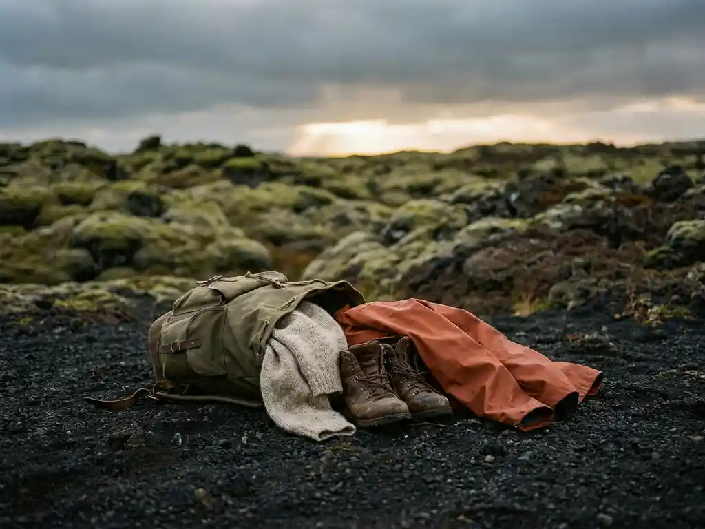 Verweerde olijfgroene rugzak op zwart vulkanisch zand met wandellaarzen, regenjack en wollen trui, IJslands lavaveld op achtergrond.