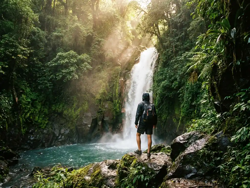 Reiziger bij een tropische jungle waterval over met mos bedekte vulkanische rotsen, turquoise poel en weelderig regenwoud op de achtergrond.