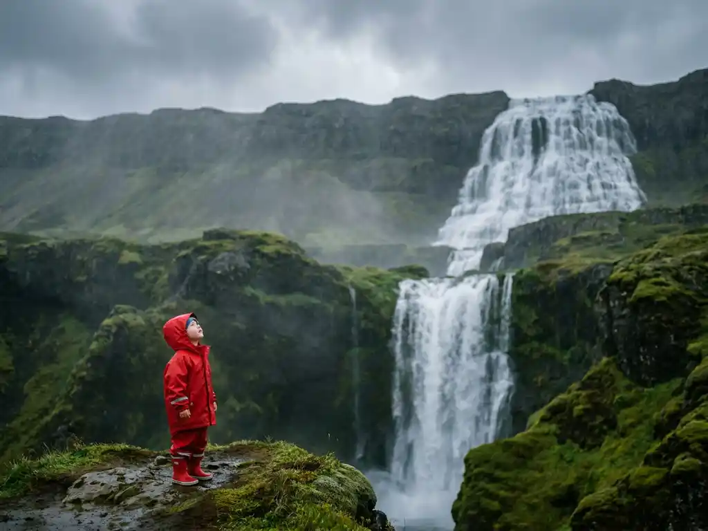 Kind in rode regenjas staat voor een imposante IJslandse waterval, omgeven door met mos begroeide kliffen en opstijgende mist.