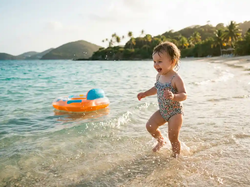 Kind speelt in ondiep turquoise Caribisch water op zandstrand, kleurrijk opblaasspeelgoed nabij, tropische heuvels op achtergrond.