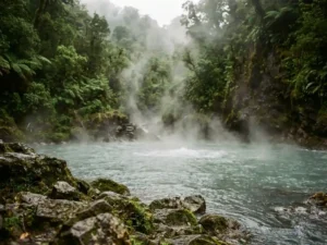 Kokend turquoise meer in een vulkanisch regenwoud op Dominica, met opstijgende zwaveldampen boven het bruisende wateroppervlak.