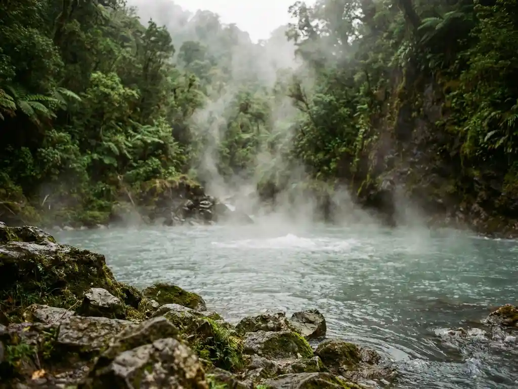 Kokend turquoise meer in een vulkanisch regenwoud op Dominica, met opstijgende zwaveldampen boven het bruisende wateroppervlak.