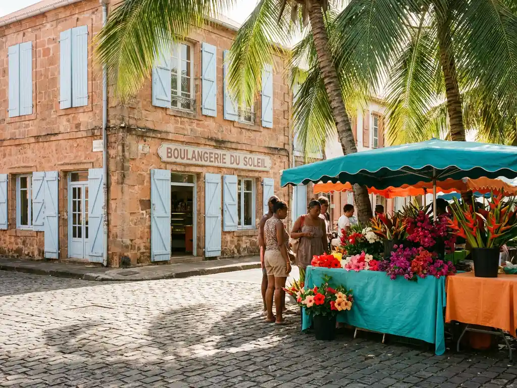 Martinique straathoek met Franse bakkerij en Caribische markt, pastelkleurige luiken, tropische bloemen en palmbladeren in gouden middaglicht.
