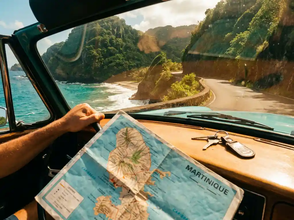 Vergeelde wegenkaart en autosleutels op houten dashboard met uitzicht op kronkelende kustweg langs groene vulkanische kliffen van Martinique.