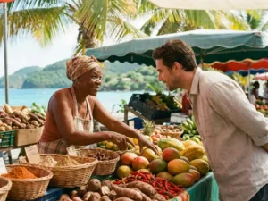 Martinique marktverkoper met tropische vruchten en kleurrijke specerijen in gesprek met een reiziger, Caribisch water op achtergrond.