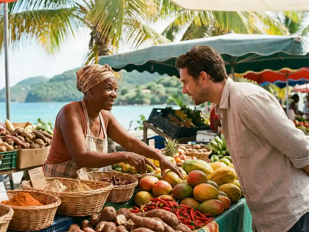Martinique marktverkoper met tropische vruchten en kleurrijke specerijen in gesprek met een reiziger, Caribisch water op achtergrond.