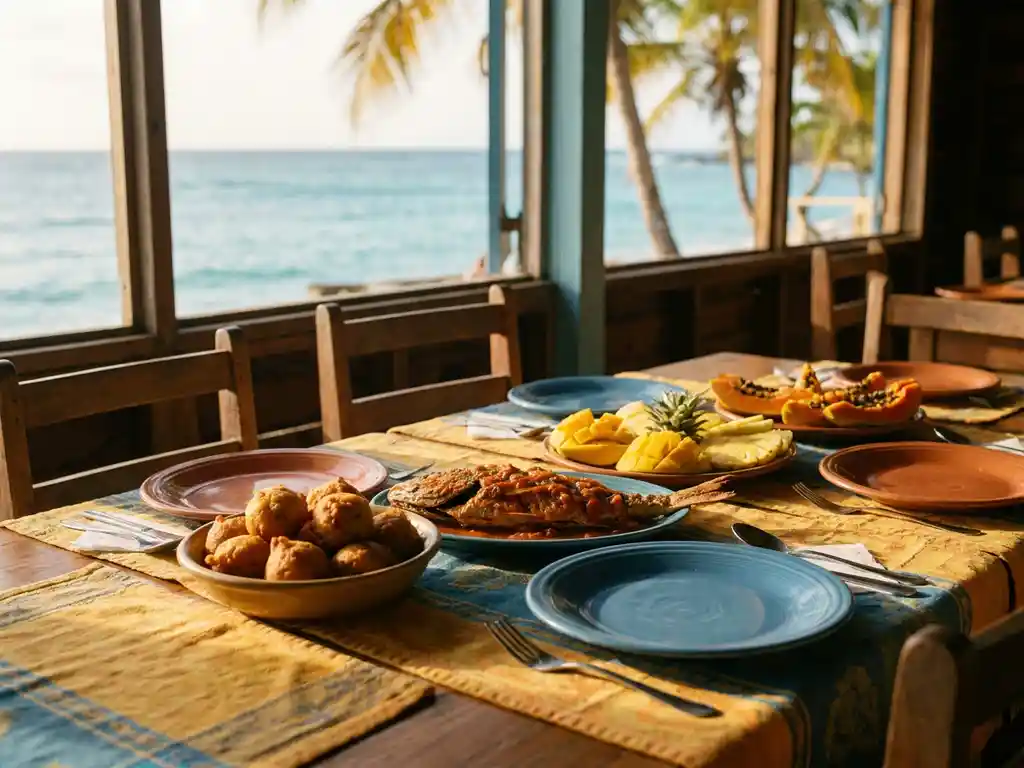 Traditionele Martinique gerechten met accra-beignets, gegrilde vis in creoolse saus en tropisch fruit, met turquoise Caribische zee op de achtergrond.