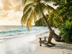 Houten strandstoel onder palmboom op een wit zandstrand van Martinique met turquoise Caribisch water in gouden middagzon.