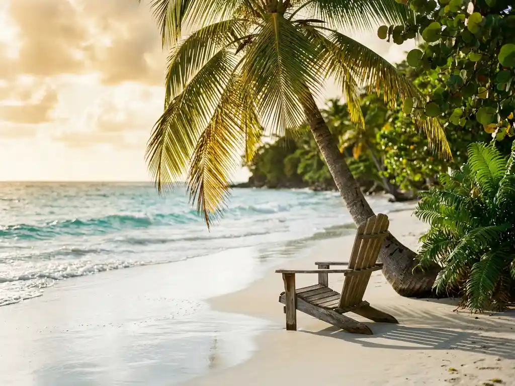 Houten strandstoel onder palmboom op een wit zandstrand van Martinique met turquoise Caribisch water in gouden middagzon.