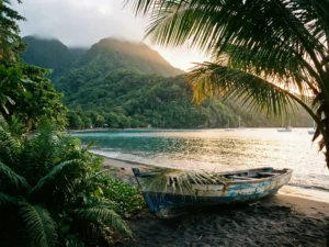 Verouderde houten pirogue op zwart zand aan een turquoise baai in Martinique, omgeven door weelderig tropisch groen op een vulkanische helling.